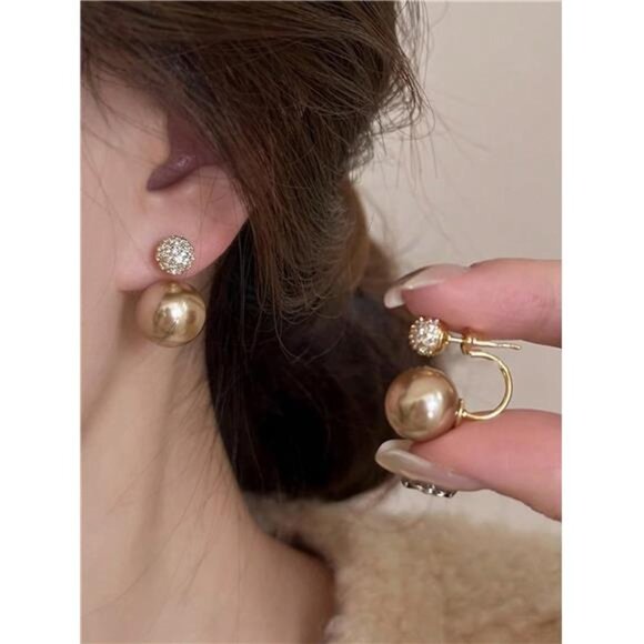 Elegant Champagne Pearl & Rhinestone Stud Earrings - Picture 4 of 5